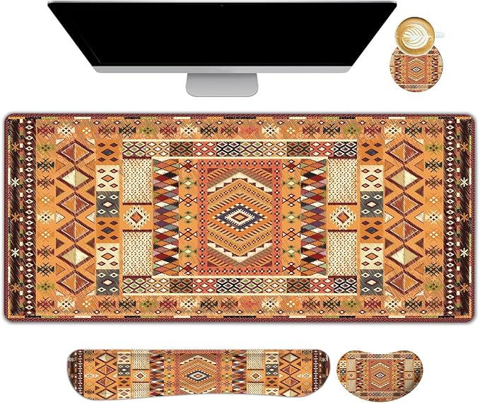 AIMSA Desk Mat Set, Large Mouse Pad + Mouse Wrist Rest + Keyboard Wrist Support + Coaster, Bohemian Style 4in1 Rug Gaming Mouse Pad Combo for Home Office, Orange by AIMSA