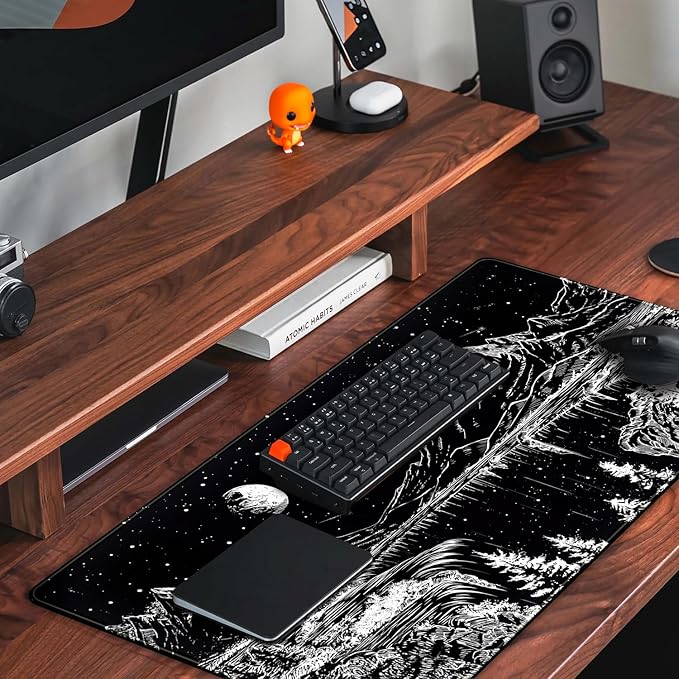 Black and White Desk Mat Dark Nature Forest Mouse pad XXL Starry Night Mountain Desk pad Aesthetic Moon and Stars Mousepad XXL for Laptop Computer Mouse Gaming Keyboard Mat, 31.5 X 15.8 in - Image 5