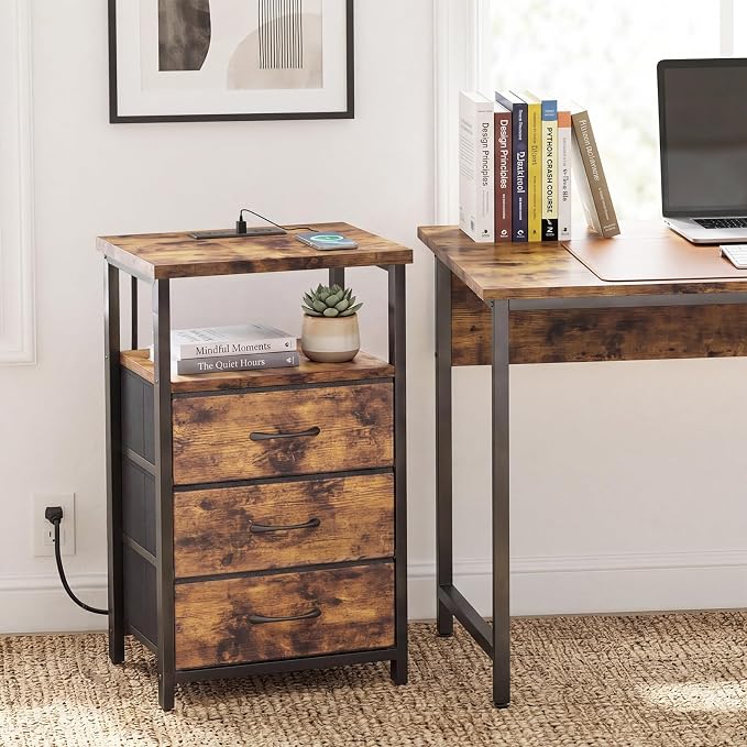 Fixwal Night Stand with Charging Station, 3 Fabric Drawers, Rustic Brown - Image 7