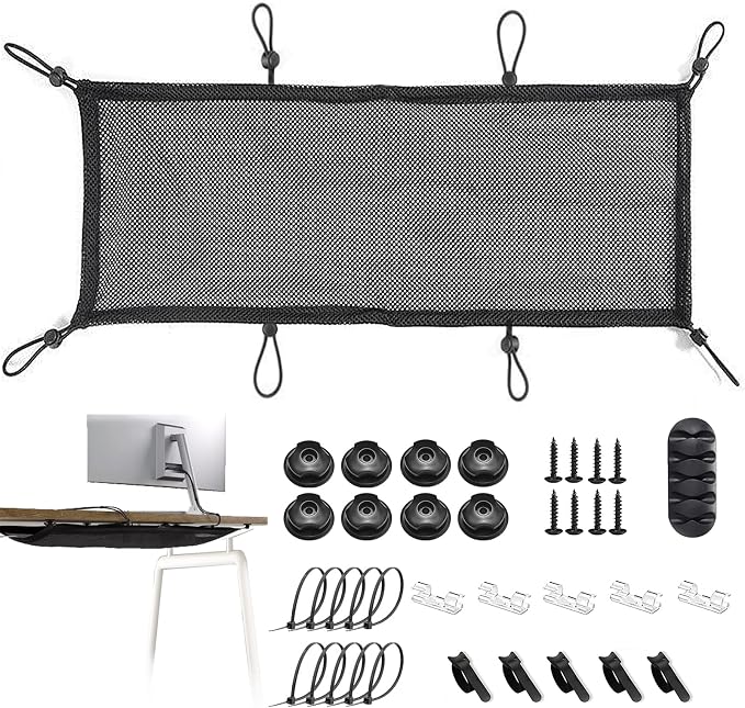 Under Desk Cable Management Net, 36PCS Under Table Cord Management Mesh Organizer Flexible Wire Hiders, Extra Large Capacity Wire Management Kit Under Desk, Fits Most Tables by CEVICANT