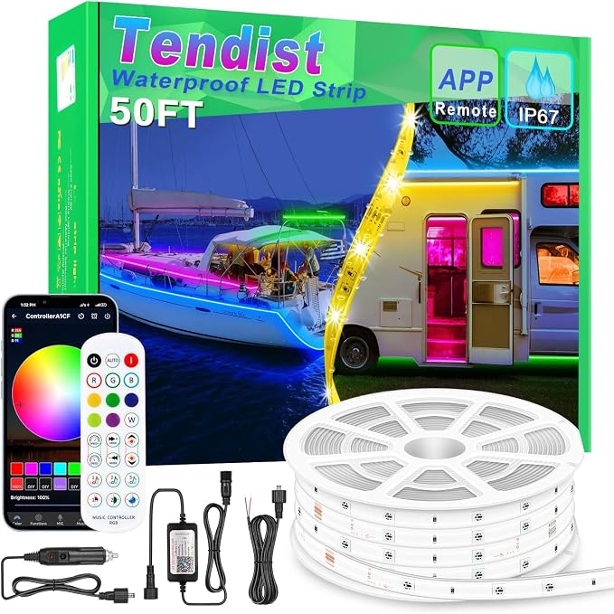 50FT Boat Lights LED Waterproof, 12V Marine Light Strip for Boat, RGB Marine LED Strip 12V with App & Remote for Pontoon Interior and Exterior, Night Fishing Lighting for Jon, Yacht, Kayak, Deck by Tendist
