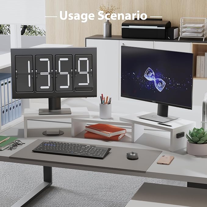 BONTEC Dual Monitor Stand Riser, Adjustable Length & Swivel Angle, White | Ergonomic Wooden Desktop Organizer with Smartphone Holder, Computer Monitor Stand for PC, Laptop,Printer and Large Storage - Image 8