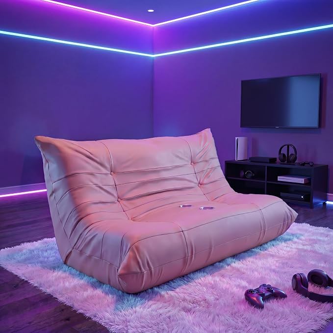 Homall Floor Gaming Chair Boneless Loveseat Couch, Ergonomic Floor Sofa Couch with Cup Holders, Leather Lazy Floor Lounger for Gaming, Reading, Relaxing, Watching TV (Pink) by Homall