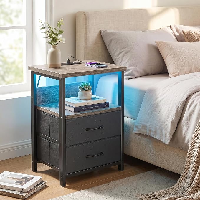 Fixwal Night Stand with Charging Station, Led Nightstand, 2 Fabric Drawers - Image 2