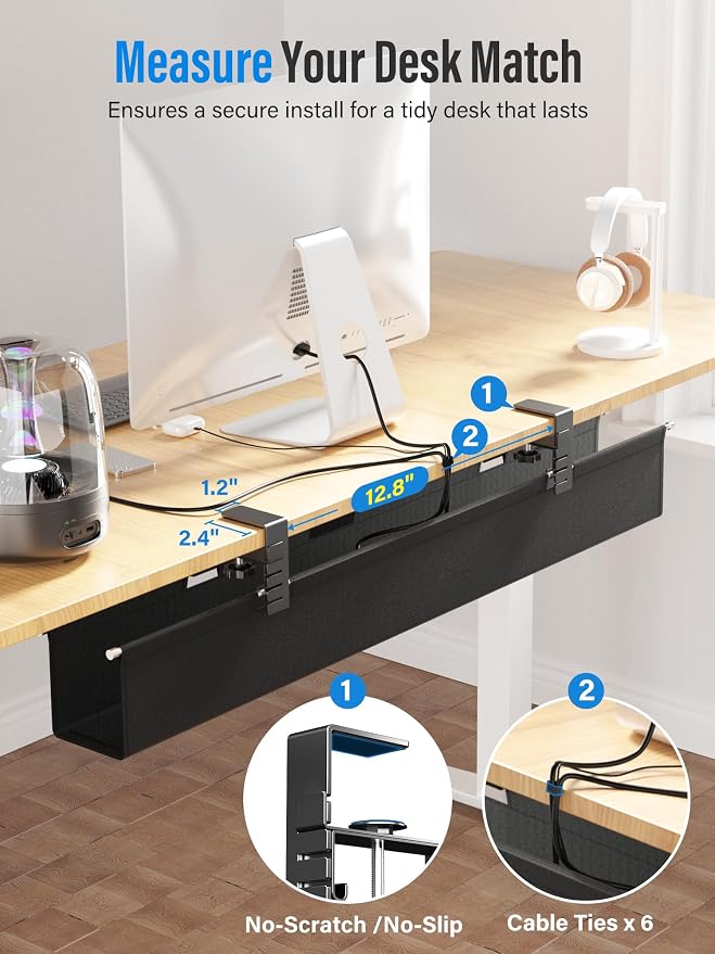 [Upgraded] Large Under Desk Cable Management Tray, Cinati Cable Management Under Desk No Drill, 28.4" Fabric Cord Hider for Wire Organizer, Cord Organizer for Office, Home - Supports Up to 30lbs Black - Image 9