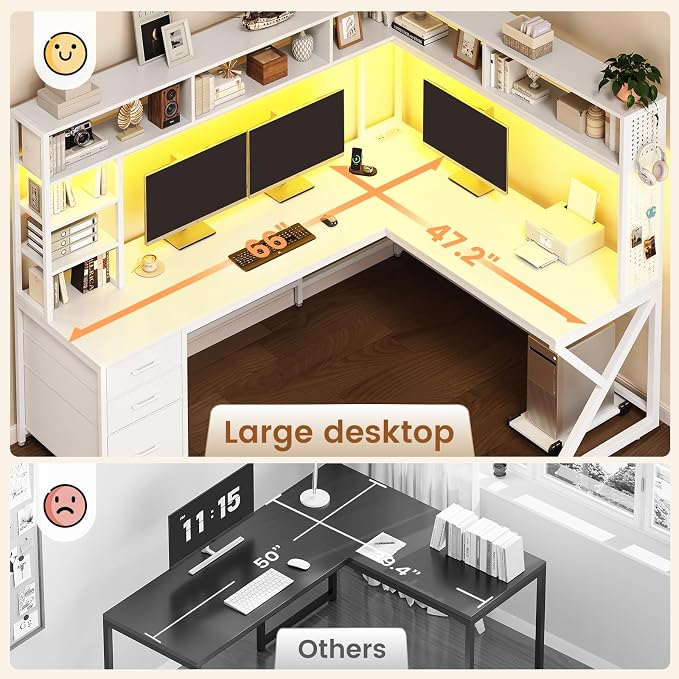 SEDETA Corner Gaming Computer Desk with Storage Drawers, Hutch, LED Lights | Convertible 94.5" Home Office Desk with Power Outlet, Pegboard, Large Desktop, Two Person Desk, White - Image 7