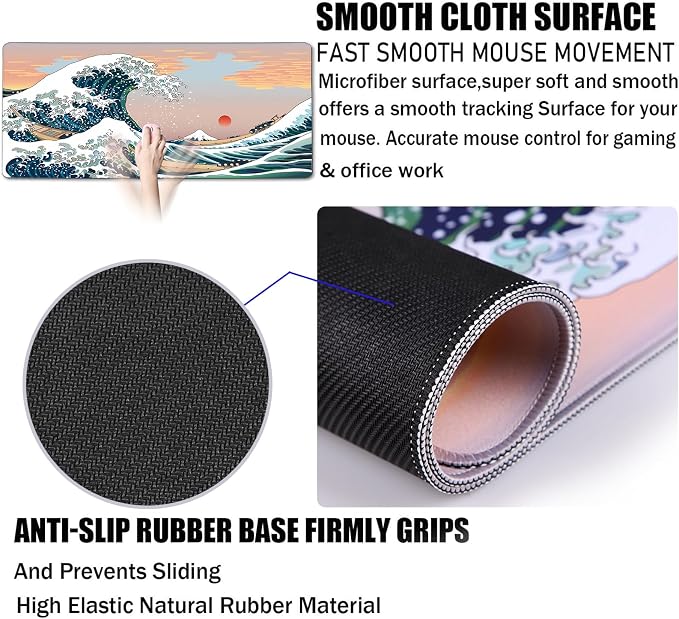 Japanese Large Mouse Pad DeskMat Office Desk Pad, Sunset Sea | Extended Large MouseMat for PC, Stitched Edges Gamer Mousepad 31.5 X 15.7 Inch Long Mice Pad - Image 3