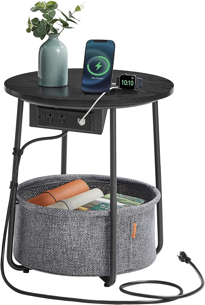 VASAGLE Side Table with Charging Station,Fabric Basket, Round End Table by Unknown
