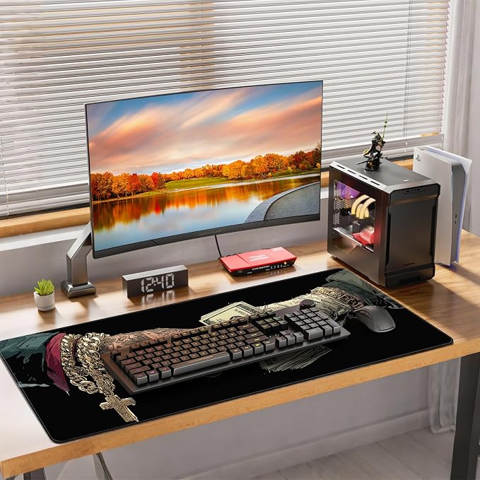Extended Gaming Mousepad with Cross and Dollar Bill Designs, 35.4 x 15.7 inches, Featuring a Non-Slip Base and Waterproof Surface, Suitable for Home Office and Work environments. - Image 7