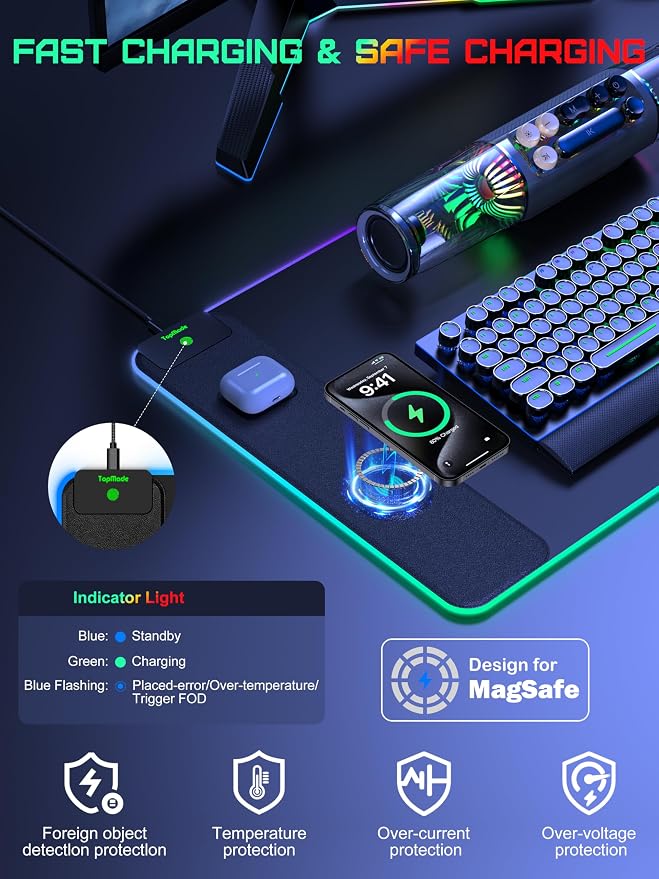 5-in-1 RGB Gaming Mouse Pad with Wireless Charging, Large Desk Mat, Black | 31.5” x 15.8” XXL Large Waterproof Mousepad Home Office Desk Pad, Includes 20W PD Adapter & 6.56ft Woven Cable - Image 3