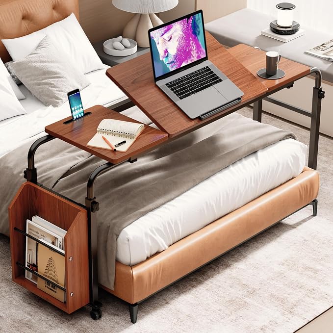 Laptop Desk for Bed,6-Angle Adjustable Overbed Table with Wheels,Adjustable Height and Length Bed Table for Laptop with Side Bookshelf,Standing Desk,Over Bed Desk for Working Hospital Home (Oaken) by BYMECOST