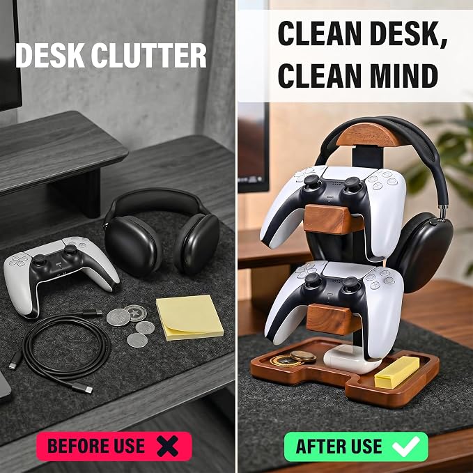 Gaming Equipment Headset Stand with Dual Controller Organizer Rack & Storage Base, Headphone Stand Gamer Gifts for Men Teenage Boy, Unique Gifts for Gamers to Organize Gaming Accessories (Brown Wood) - Image 2