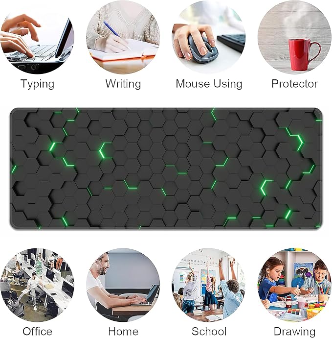 Green Hexagon Honeycomb Desk Mat, XL 31.5"x11.8" Large Mouse Pad, Geometric Extended Gaming Mouse Mat,Non-Slip Rubber Base Waterproof with Stitched Edges for Gaming Office Home Decor - Image 5