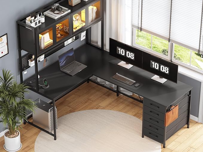 SEDETA L Shaped Gaming Corner Desk with Drawers, Hutch and Storage Shelves | Reversible Computer Desk, Gaming Desk with Pegboard, Led Lights, and Power Outlet for Home Office, Small Space, Black - Image 8