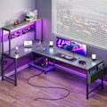 PRAISUN L Shaped Gaming Desk with LED Lights & Power Outlets | Reversible Computer Desk with Storage Shelves & Bag, Large Corner Home Office Desk with Pegboard for Work from Home, Grey by PRAISUN