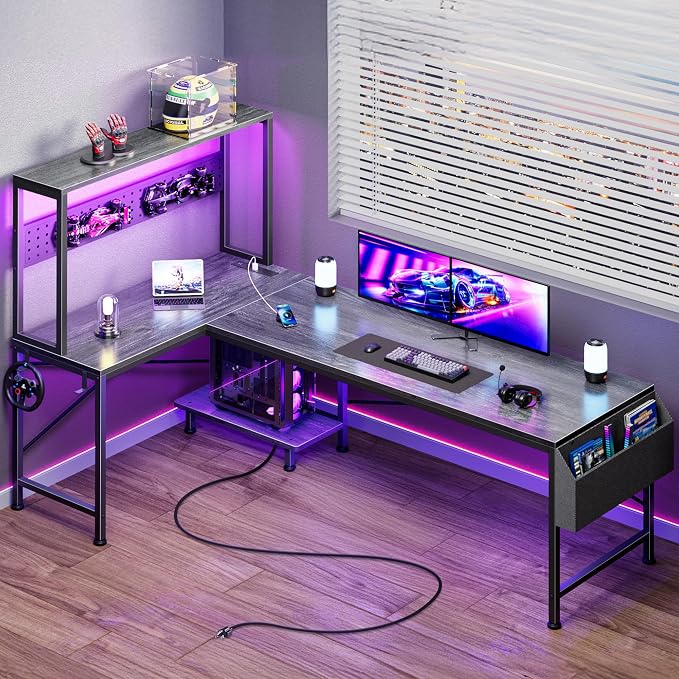 PRAISUN L Shaped Gaming Desk with LED Lights & Power Outlets | Reversible Computer Desk with Storage Shelves & Bag, Large Corner Home Office Desk with Pegboard for Work from Home, Grey by PRAISUN