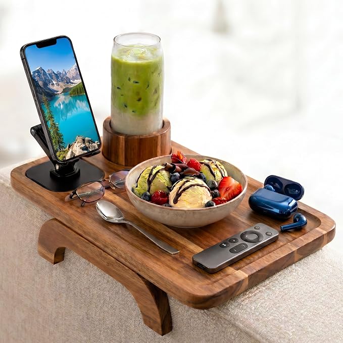 Couch Armrest Table with Cup Holder (15.31" x 9.65") - Acacia Sofa Arm Tray Organizer with Magnetic & 360° Rotating Phone Holder - Fits Couch Arm for Drinks, Snacks & Remote Control by Unknown