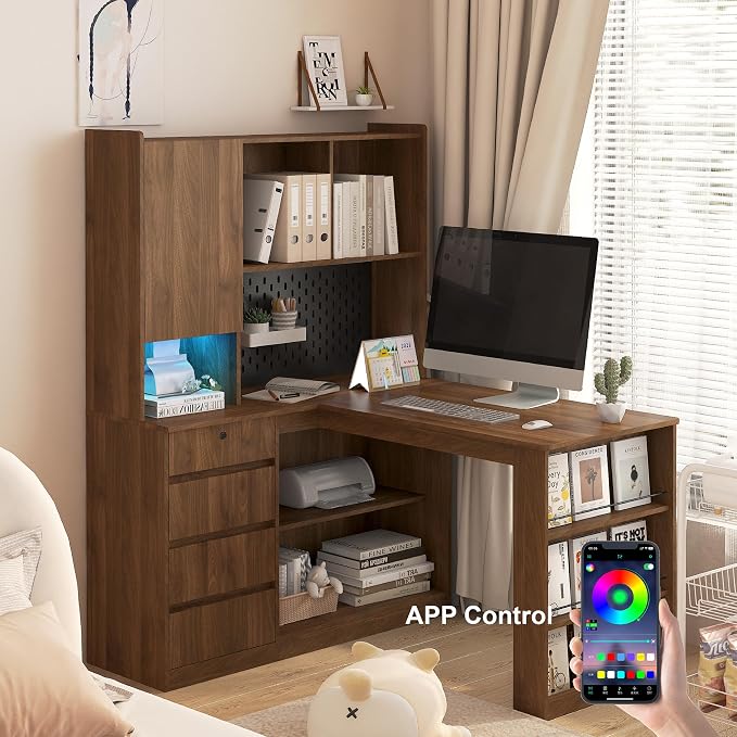 KEIKI L Shaped Home Office Desks with LED Light, Pegboard, Hutch, Drawers, Bookshelf & Storage Shelves, Modern Wooden Gaming Computer Corner Table for Work, Study, Writing - Image 3