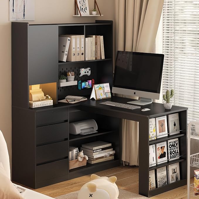 KEIKI L Shaped Home Office Desks with LED Light, Pegboard, Hutch, Drawers, Bookshelf & Storage Shelves, Modern Wooden Gaming Computer Corner Table for Work, Study, Writing by KEIKI