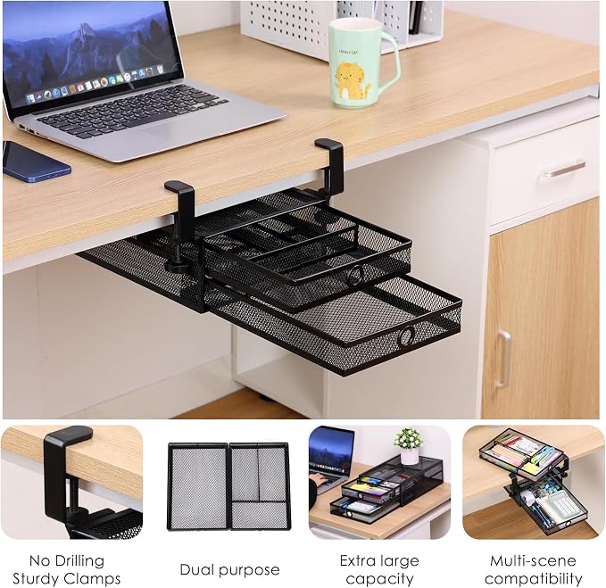 Under Desk Drawer, Clamp on Desk Organizer Slide Out Table Storage No Drill - Image 5