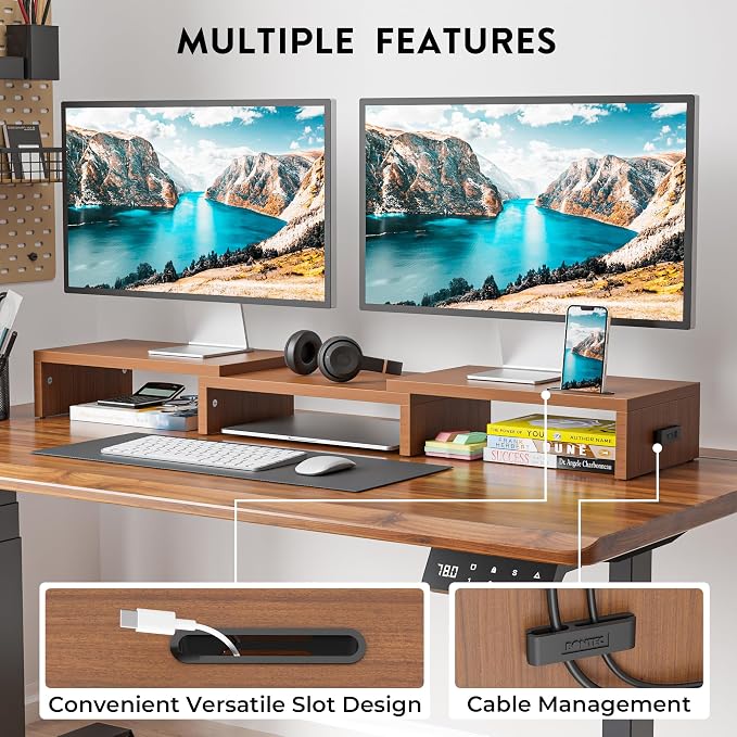 BONTEC Dual Monitor Stand Riser, Adjustable Length & Swivel Angle, Walnut | Ergonomic Wooden Desktop Organizer with Smartphone Holder, Computer Monitor Stand for PC, Laptop,Printer and Large Storage - Image 2