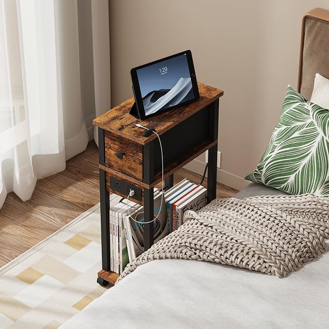 Slim Nightstand Set of 2, Narrow Side Table with Charging Station & Drawer - Image 6