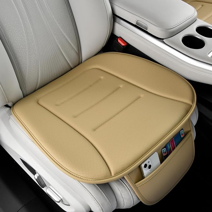 KAYI Car Seat Cushion, Comfort Memory Foam Car Cushions for Driving, Breathable Leather Surface with Anti Slip Rubber Bottom, Seat Cushion for Car and Office Chair (2 Pack, Beige) by KAYI