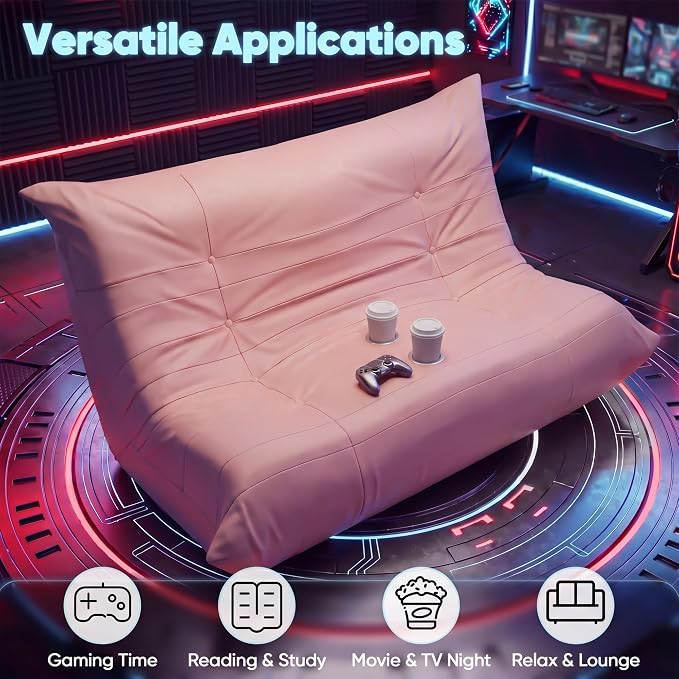 Homall Floor Gaming Chair Boneless Loveseat Couch, Ergonomic Floor Sofa Couch with Cup Holders, Leather Lazy Floor Lounger for Gaming, Reading, Relaxing, Watching TV (Pink) - Image 3