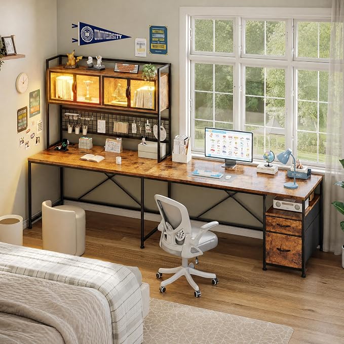 DurayLoly 67" L Shaped Gaming Corner Desk with LED Light, Hutch,Brown | Reversible Computer Desk with 2 Drawers,Storage Shelves,Pegboard with 3 Hooks,Power Outlet for Home Office,Bedroom - Image 3