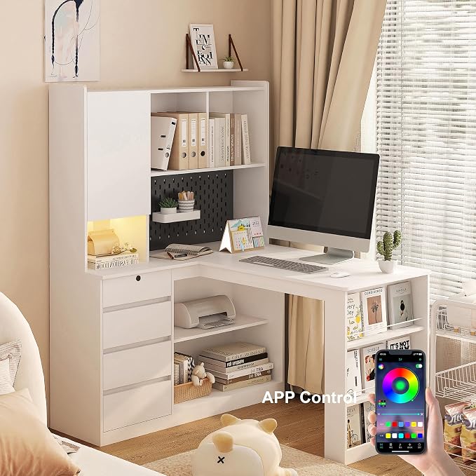 KEIKI L Shaped Home Office Desks with LED Light, Pegboard, Hutch, Drawers, Bookshelf & Storage Shelves, Modern Wooden Gaming Computer Corner Table for Work, Study, Writing - Image 4