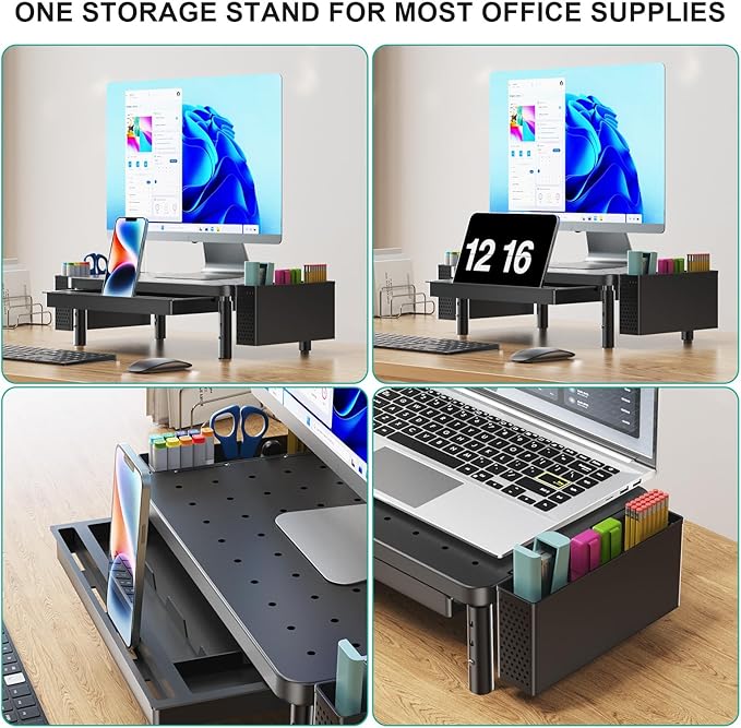 WALI Computer Monitor Stand with Storage and Pen Holder | 3 Height Adjustable Desk Organizer with Drawer, Laptop Monitor Riser for Computer, Laptop, Printer(PTT003-B), 1 Pack, Black - Image 3
