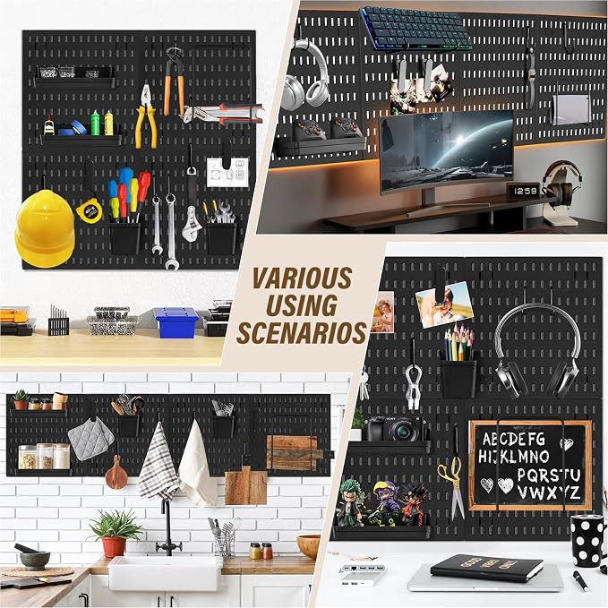 AKTOP Plastic Peg Board Wall Organizer 4-Pack, 12"x12" Pegboard Kit, Black | Includes 13 Accessories, Adhesive or Drill Mounting, Superior Load Capacity, Ideal for Office, Gaming Room, Craft Room - Image 6