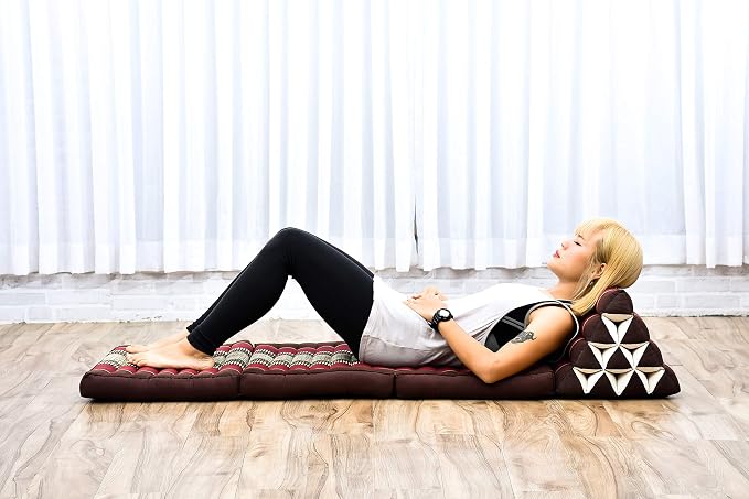 Leewadee - Comfortable Japanese Floor Mattress Used As Thai Floor Bed with Triangle Cushion, Futon Mattress Or Thai Massage Mat, 67 x 21 inches, Brown Red | Floor & lounge cushion for relaxing, reading & TV - for meditation & yoga, firm & stable - Image 5