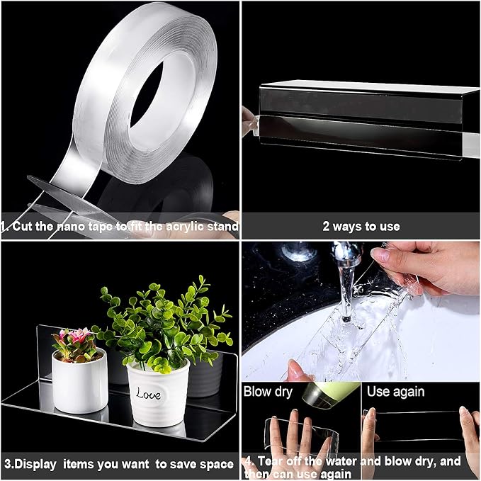 Jetec 8 Pieces Acrylic Floating Shelves, 12 Inch Acrylic Wall Mounted Hanging Shelf Bookshelf with 5 Meters Nano Double Sided Tape for Bedroom, Gaming Room, Living Room, Bathroom, Office(Black) - Image 4