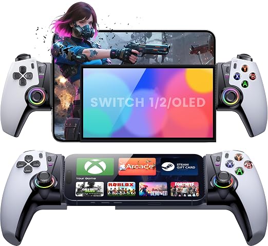 NinjaPlusOX Mobile Gaming Controller for iPhone/Android/Switch 2/Switch/OLED, Wireless Phone Controller with Hall Effect Joysticks/Hall Triggers, 8 Color RGB Lighting, Turbo, Macros -White by NinjaPlusOX