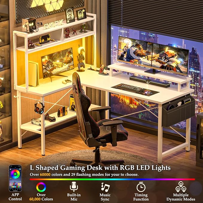 Aheaplus L Shaped Gaming Desk with Power Outlets & LED Lights, White - Image 3