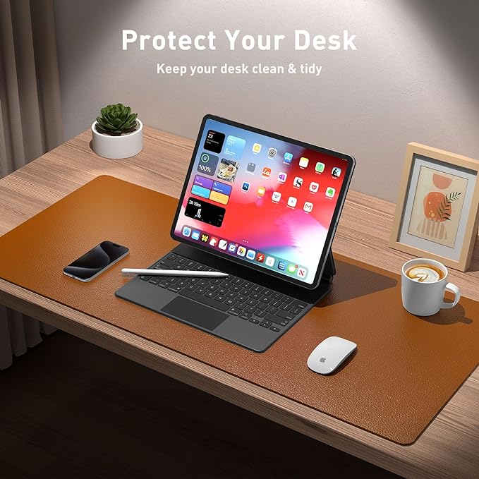 Aothia Leather Desk Pad Protector, Mouse Pad, Office Desk Mat, Non-Slip PU Leather Desk Blotter, Laptop Desk Pad, Waterproof Desk Writing Pad for Office and Home (Brown,23.6" x 13.7") - Image 3