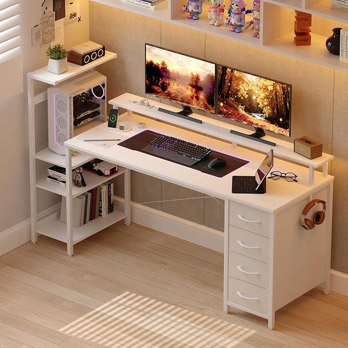 59 Inch Gaming Desk with Drawers & PC Tower Stand & LED Lights, White by YOUDENOVA