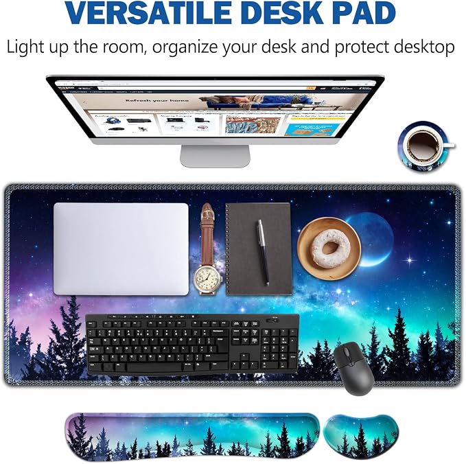 AIMSA Large Gaming Mouse Pad Set, Keyboard Wrist Rest Support + Extended Mouse Pad + Mouse Wrist Cushion + Coaster, Ergonomic Memory Foam Multifunctional Desk Mat 35x15.7inch (Forest Moon Sky) - Image 2