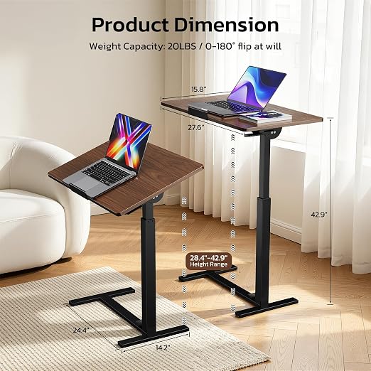 Mobile Standing Desk Adjustable Overbed Table, Pneumatic Height Adjustable Rolling Laptop Desk with Hidden Wheels, 0-180°Tilt Top Rolling Computer Cart Foldable for Home Office, Craft & Study, Brown - Image 3