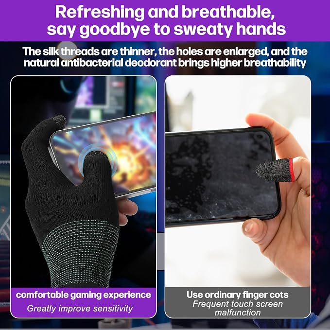 2 Pairs Mobile Gaming Gloves, Ultra-Thin Mobile Gaming Gloves Touchscreen Game Finger Sleeves Game Glove for Sweaty Hands Anti-Sweat Finger Sleeve Breathable for Phone Tablet Players Streamer - Image 6