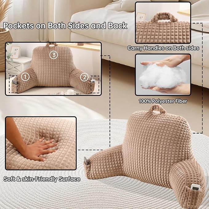 Reading Pillow with Arms for Sitting in Bed,Backrest,Khaki Flannel,M | 17" Backrest with Arms Supports Back for College Students,Elbows & Forearms for Dorm Reading,Gaming,Watching TV - Image 5