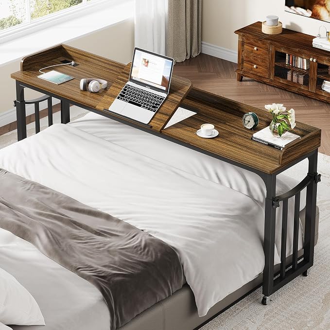 71 in Queen Size Overbed Table with Wheels, Brown - Image 3