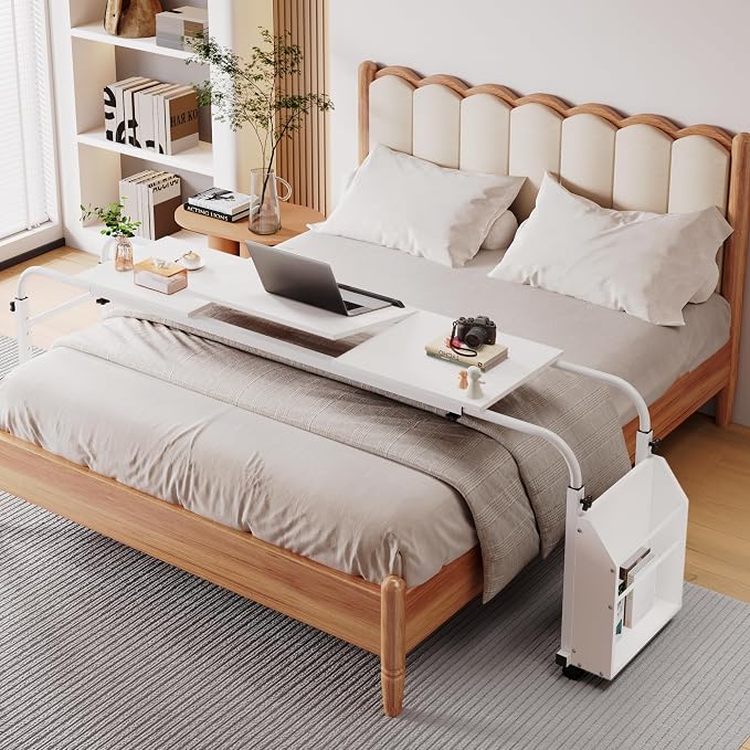 Arlopu Overbed Table with Wheels,60.6-84.2 inches Mobile Bed Desk, White by Arlopu