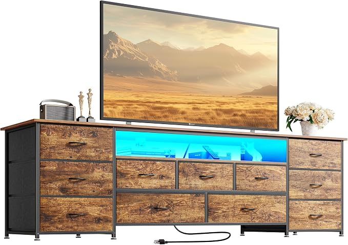 Huuger 70 Inch TV Stand for 75, 80 Inch TV, 11 Drawer Long Dresser with Power Outlets and LED Lights, Entertainment Center with Storage, Rustic Brown Dresser with Printed Surface by Huuger