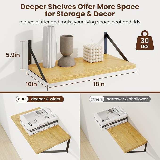 Axeman Deep Floating Shelves, 18'' x 10'' Oak Wall Shelves Set of 2 - Image 3