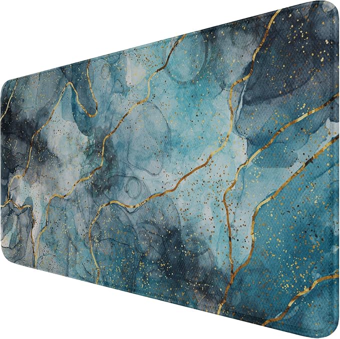 Large Mouse Pad with Stitched Edges, (35.4X15.7In) Durable Non-Slip Natural Rubber Base, Waterproof Computer Keyboard Pad Mat for Esports Pros/Gamer/Desktop/Office/Home, MarbleBlue by Hsmienk