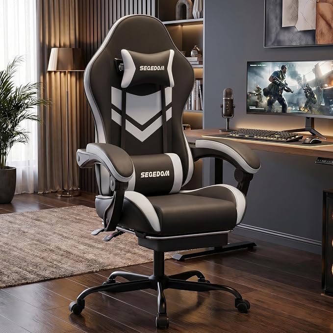 Gaming Chair with Footrest & Massage Lumbar Support, PU Leather Ergonomic High Back Swivel Height Adjustable Chair for Adults, Office Gaming, 300 lbs (Black White) - Image 2