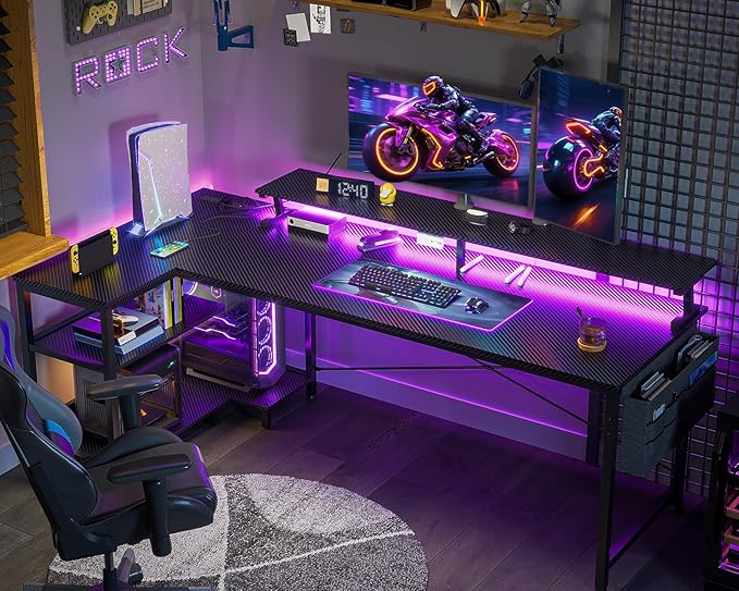ODK 66 Inch L Shaped Gaming Desk with LED Lights, Power Outlets, Black - Image 2