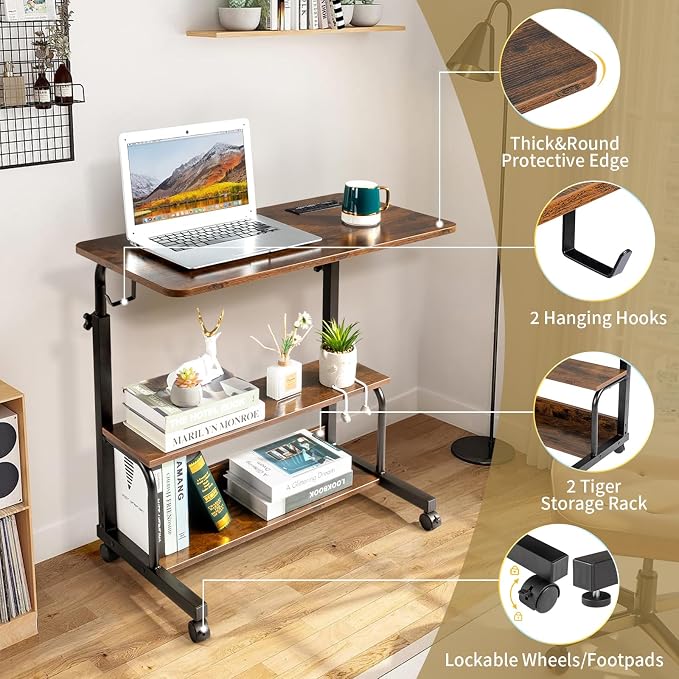 Karl home 31.5" Portable Rolling Computer Desk on Wheels, Rustic Brown - Image 7